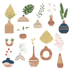 Ceramic Vases and Exotic Tropical leaves, flowers, boho style. Trendy Botanical Plants Potted for Home Interior. Hand drawn doodle illustration. Vector illustration. Set of earthenware jug. © Hanna
