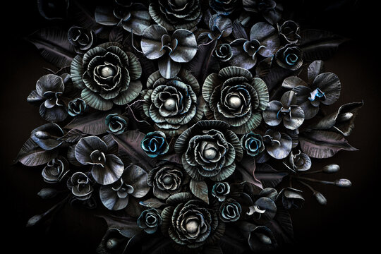 Modern decorative wrought iron elements of metal gates, metal flowers