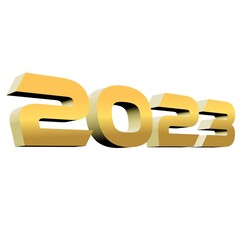 The year 2023 inscription, no background, golden 3d number 2023, gold letterts, new year sign, to be used on a banner, flyer or t-shirt