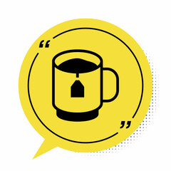 Black Cup of tea with tea bag icon isolated on white background. Yellow speech bubble symbol. Vector