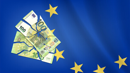 Broken banknotes of the European Union with a face value of 100 euros against the background of a wavy flag of Europe with stars. Financial poster illustration