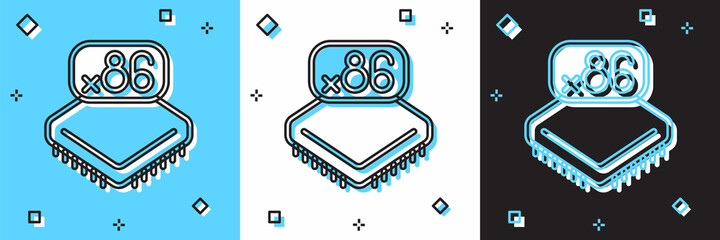 Set Computer processor with microcircuits CPU icon isolated on blue and white, black background. Chip or cpu with circuit board. Micro processor. Vector