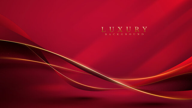 Golden Curve Line On Red Luxury Background With Glitter Light Effects Decoration.