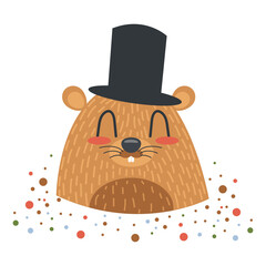 Head of cartoon cute groundhog in a hat. Isolated vector illustration