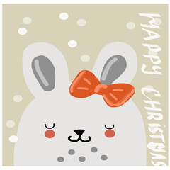 Christmas card with animals, hand drawn style. Merry christmas and happy new year