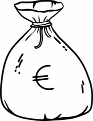 Cartoon euro vector doodle hand drawn money bag sack. Infographic success sign symbol. Finance cash.