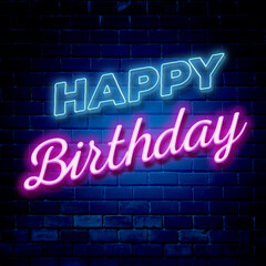 Fototapeta na wymiar Happy birthday neon sign. Greeting card on dark wall background.