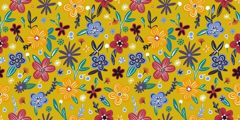Seamless banner. Hand-drawn Artistic Naive Flowers are multicolored on a mustard background. Spotted Floral Print. Simplified bright plants in the ornament. Vector.