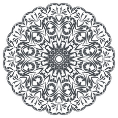 Gray drawing of a mandala on a white background.