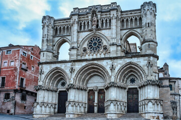 facade of the Gothic cathedral of Cuenca in Spain.