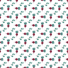 Seamless pattern with beet. Print of healthy vegetables, half and green leaves of tops on blue background. Vector flat illustration
