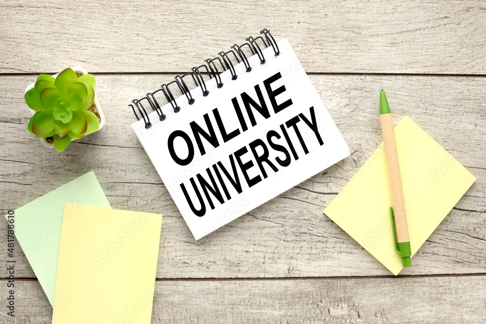 Poster online university open notepad with text on rustic background and yellow sticky notes