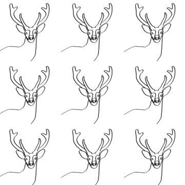 Maral. A deer's head drawn with a single line. An image of a Christmas deer. Background for postcards, banners, covers, albums, mobile screensavers, scrapbooking, advertising, blogs. Seamless pattern.
