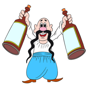 A bald, mustachioed man holds bottles with corks in his hands, cartoon, children's fairy tale, vector, on a white background.
