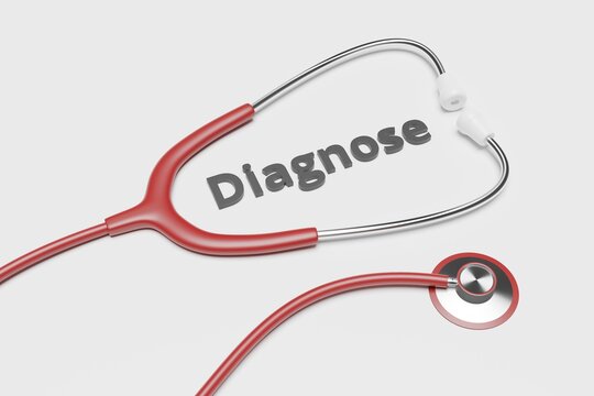 3D-Illustration of the word DIAGNOSE in german, surrounded by a red stethoscope, cgi render image