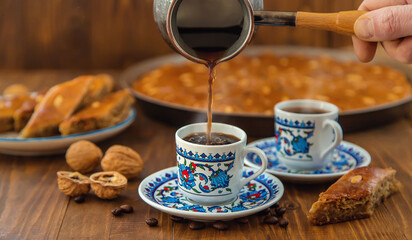 Baklava on the table and Turkish coffee. Selective focus.
