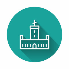 White line Montjuic castle icon isolated with long shadow. Barcelona, Spain. Green circle button. Vector