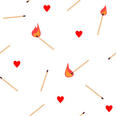 Seamless pattern with matches, fire and hearts. Vector background.