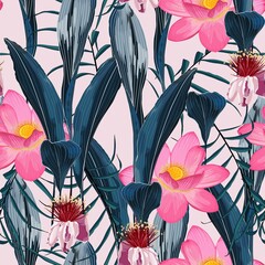 Fototapety  Nature seamless pattern. Hand drawn summer background: pink lotus flower, exotic tropical blue leaves. Pink background. 