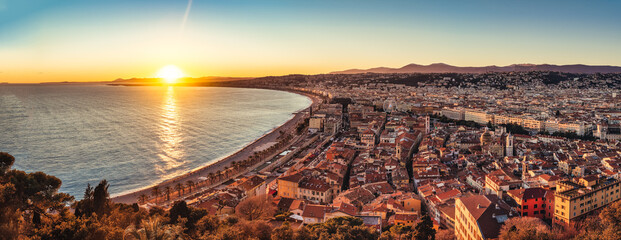 panoramic view of the city of Nice at sunset, on the Cote D Azur, French Riviera, France.