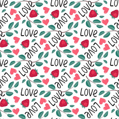 Cute seamless pattern with strawberry, hearts, word love and leaves. Festive print, valentine day decoration for wrapping paper, textile and design. Vector flat illustration