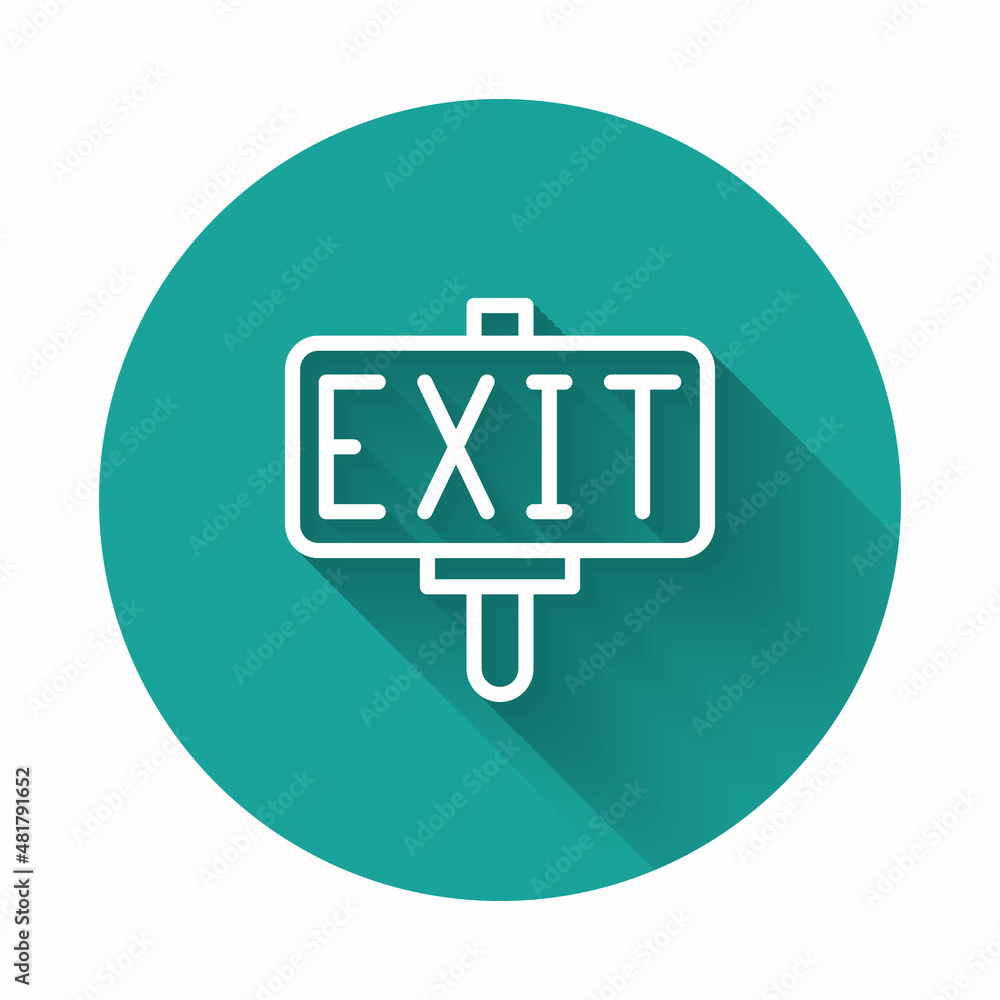 Poster white line fire exit icon isolated with long shadow background. fire emergency icon. green circle bu