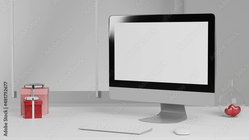 Poster computer display for mockup on table, valentine concept, 3d rendering