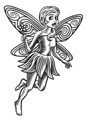 Fairy Vintage Woodcut Art Style Cartoon Mascot