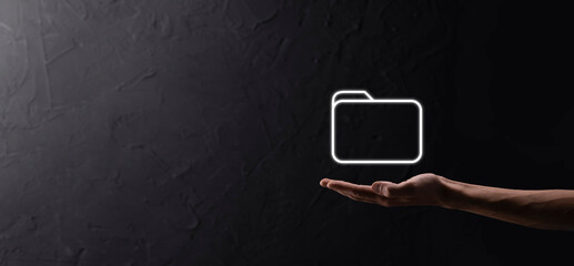 Businessman hold folder icon.Document Management System or DMS setup by IT consultant with modern...