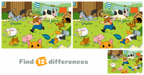 Friendly farmer and his animals. The blind man's buff game. Rest in countryside. Eco living. Find 12 differences. Educational game for children. Cartoon vector illustration.