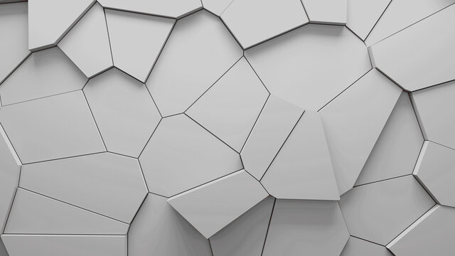 Abstract blue extruded voronoi blocks background. Minimal light clean corporate wall. 3D geometric surface illustration. Polygonal elements displacement