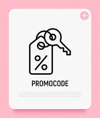 Fototapeta na wymiar Promocode thin line icon: percent sign on label with key. Modern vector illustration for discount.