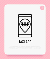 Taxi app thin line icon. Pointer with taxi sign on smartphone screen. Vector illustration.