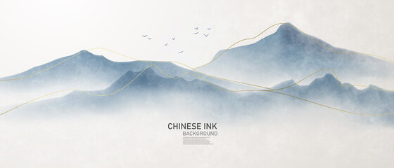 Vector illustration of a landscape painting in Chinese ink on antique paper with a beautiful design. © HNKz