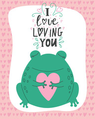 Vector illustration of a romantic frog with lettering I love loving  you. Valentine's day concept cartoon characters in love, cute declaration of love
