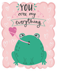 Vector illustration card valentine's day frog in love with lettering You are my everything