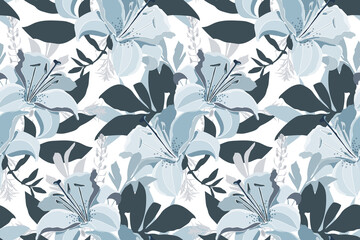 Vector floral seamless pattern. Design with blue lily flowers and leaves isolated on a white background. 