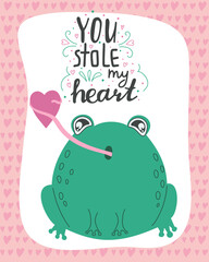 Vector illustration cute romantic frog with lettering You stole my heart. Valentine's day concept cartoon characters in love, cute declaration of love