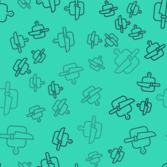 Obraz premium Black line Cutting board and knife icon isolated seamless pattern on green background. Chopping Board symbol. Cutlery symbol. Vector