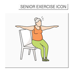 Fototapeta premium Chair yoga color icon. Old woman sitting on chair. Yoga exercises. Sport life. Prevention diseases. Senior exercise concept. Isolated vector illustration