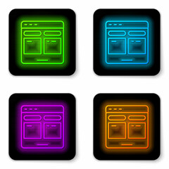 Glowing neon line Online translator icon isolated on white background. Foreign language conversation icons in chat speech bubble. Translating concept. Black square button. Vector