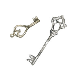 Watercolor illustration of vintage silver keys isolated on white background.