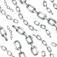 Watercolor seamless pattern with vintage silver chains on white background.
