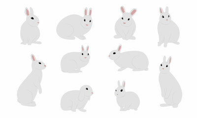 Set of flat minimalistic rabbits. Hand drawn cute animal vector collection