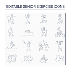 Senior exercise line icons set. Physical activity. Cardio workout. Keeps muscle in tonus. Training concept. Isolated vector illustration. Editable stroke