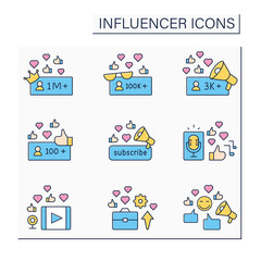 Influencer color icons set. Followers create podcasts and video content. Blogging concept. Isolated vector illustrations