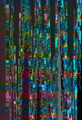 Data glitch illustration with bright pixel mosaic pattern on a dark background