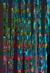 Fototapeta premium Data glitch illustration with bright pixel mosaic pattern on a dark background