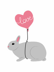 A simple flat bunny with a heart-shaped balloon tied to it. Postcard to the day of St. Valentine. Vector