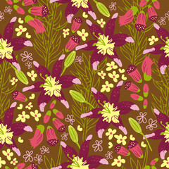 Lilium flower, floral vector seamless pattern background.